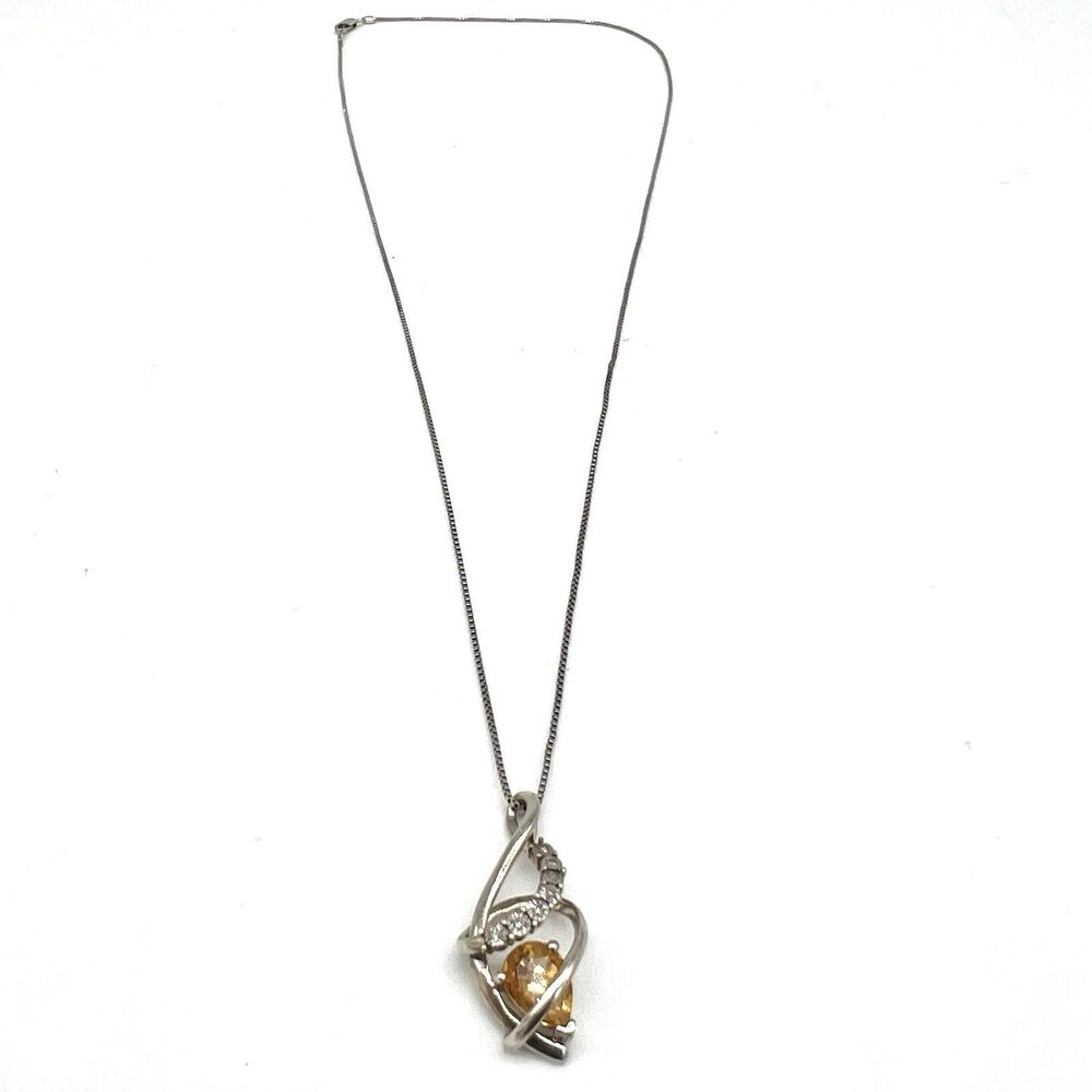Citrine And Moissanite Baguette Pendant Box Chain Necklace Silver 925 3.9 Grams